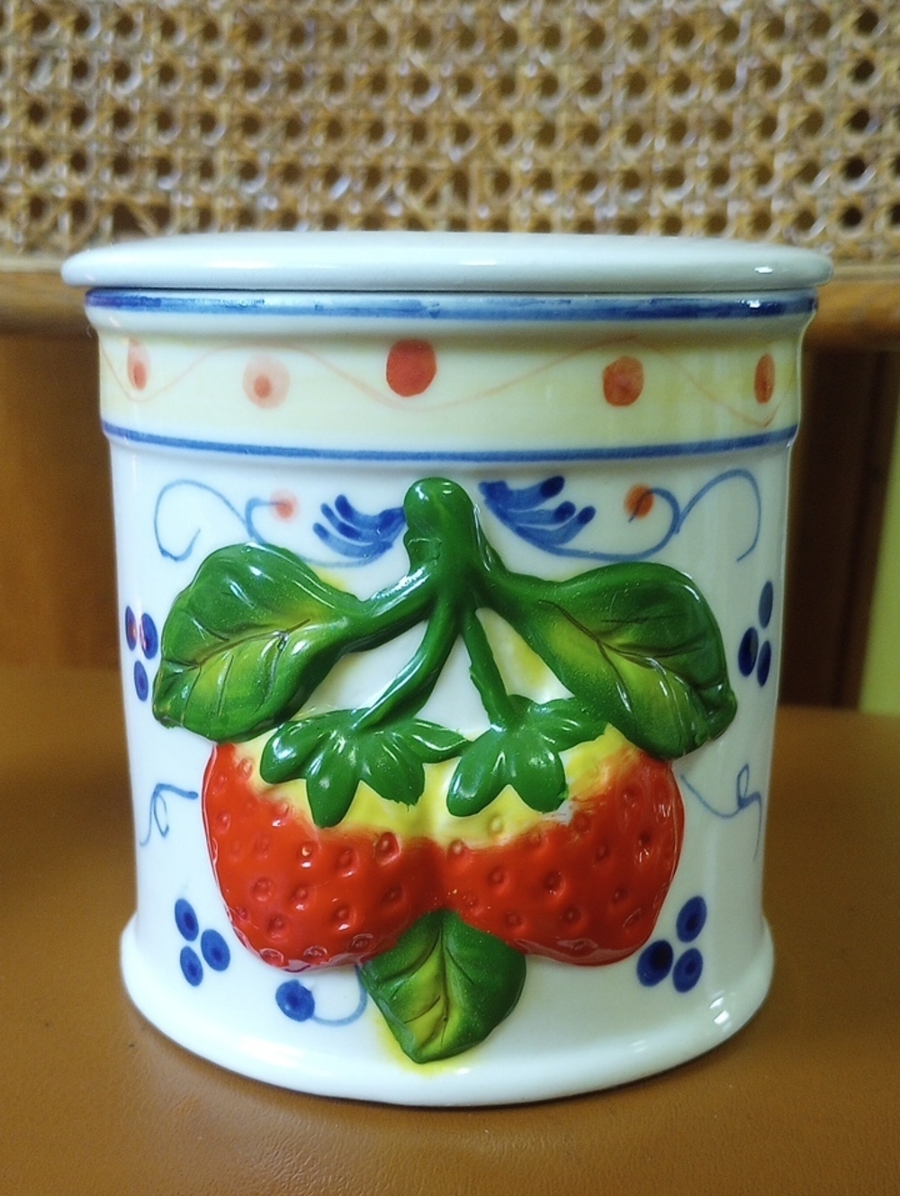 Vintage Round Ceramic Storage Container w/ 3D Strawberries. Red Green White Blue